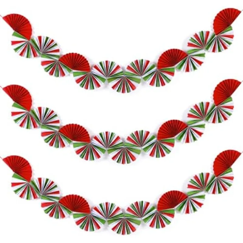 Outus 3 Pack Christmas Candy Paper Fan Garland Peppermint Hanging Decor, Green