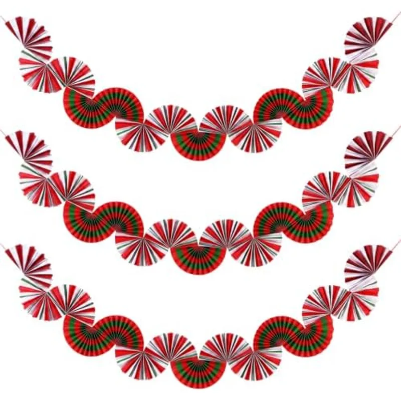 Outus 3 Pack Christmas Candy Paper Fan Garland Peppermint Hanging Decor, Red