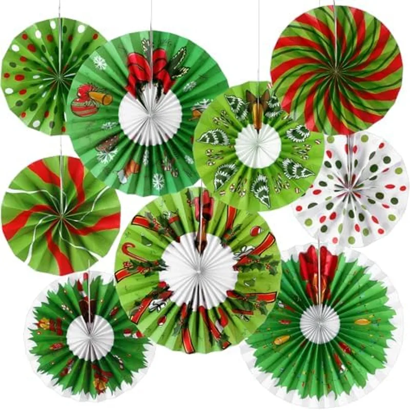 Outus 9 Pcs Christmas Candy Peppermint Paper Fans Red Green Party Decor