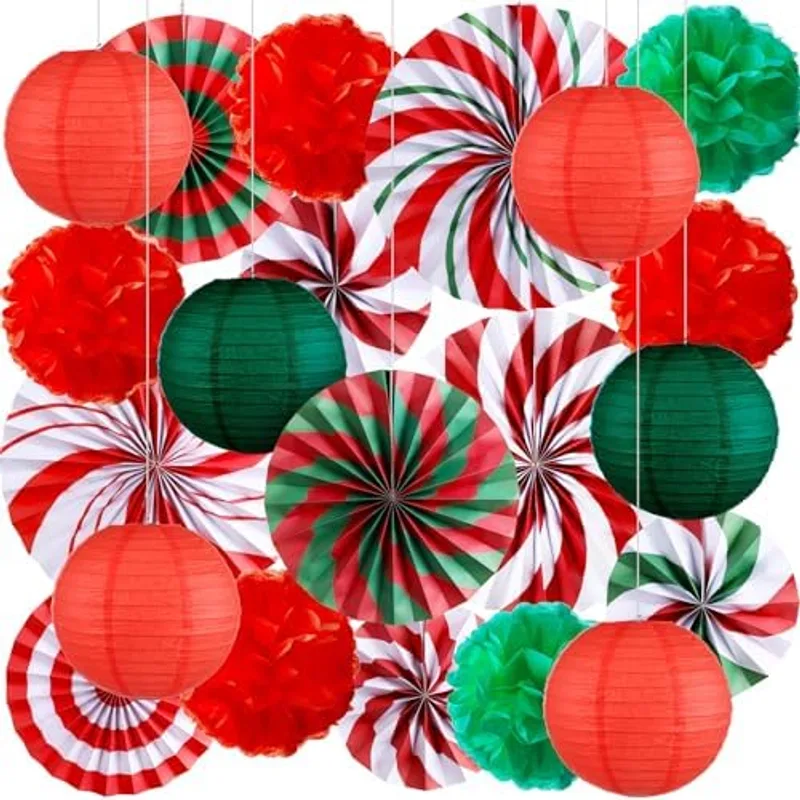 Outus 21 Pcs Christmas Candy Red and Green Hanging Fans Pom Poms Lanterns