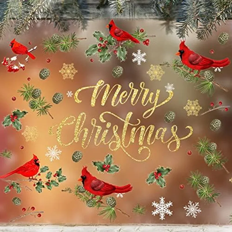 Outus Christmas Cardinal Window Clings Snowflakes Pine Cones Holly Decals, Red