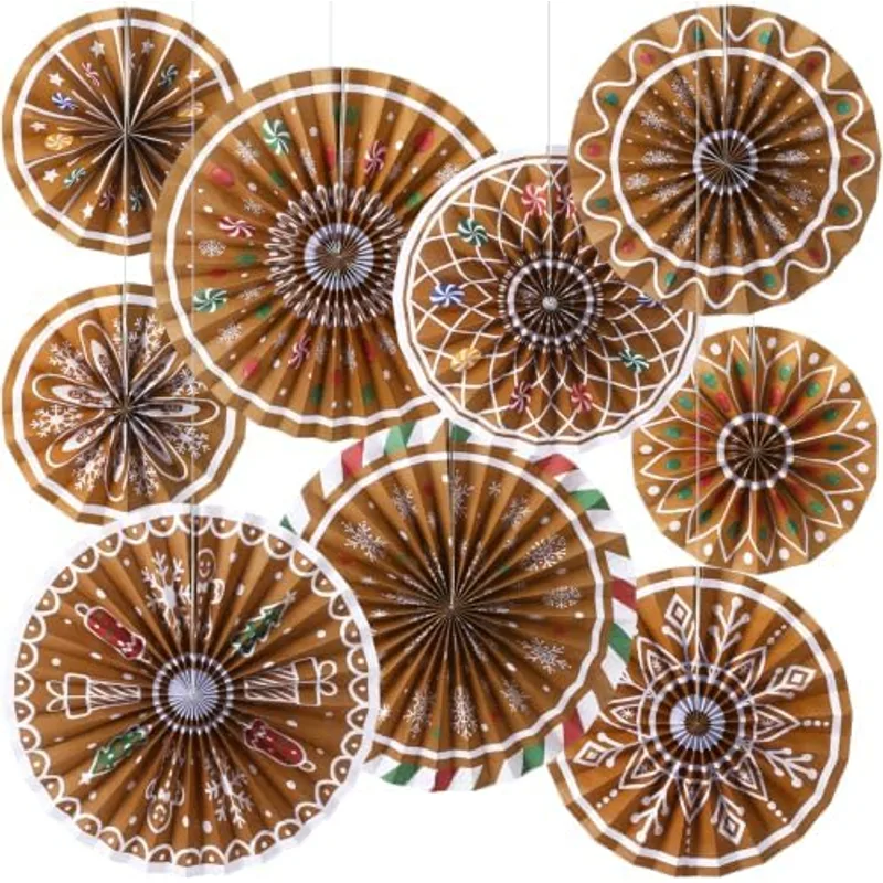 Outus 9 Pcs Christmas Hanging Decoration Candy Paper Fans Decor Gingerbread, Brown