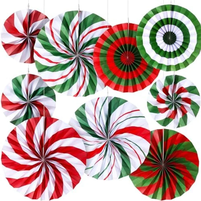 Outus 9 Pcs Christmas Hanging Decorations Candy Paper Fans Peppermint, Red, Green, White