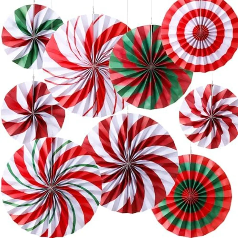 Outus Christmas Hanging Decorations Candy Paper Fans Peppermint, Red