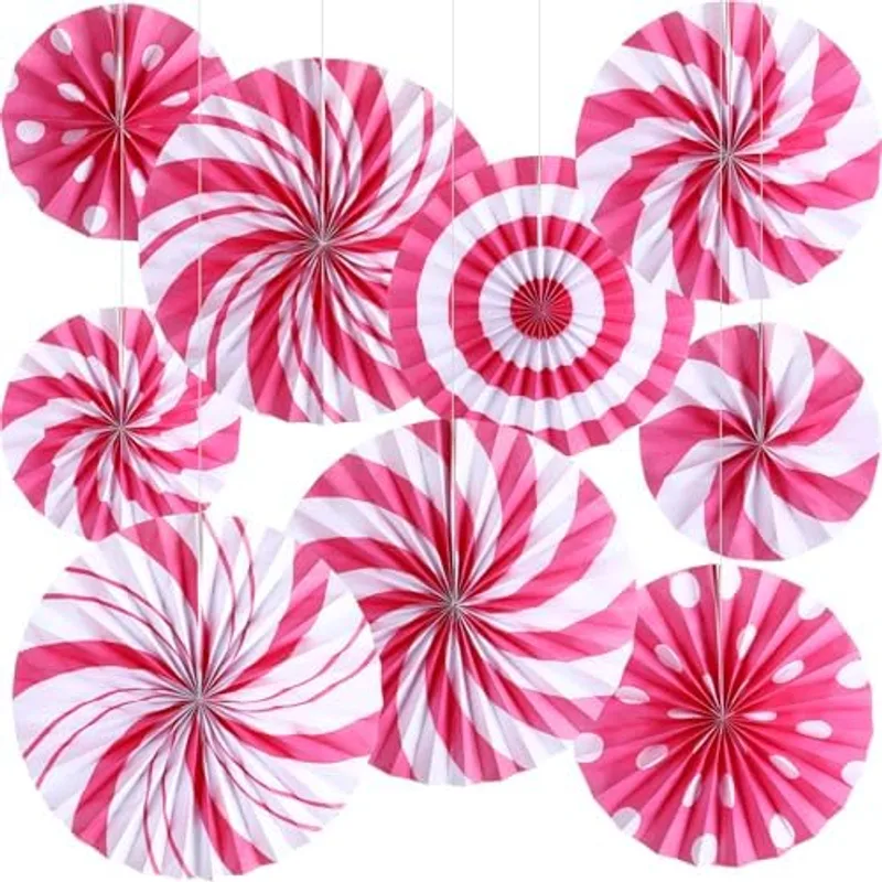 Outus 9 Pcs Christmas Hanging Decorations Peppermint Paper Fans Pink