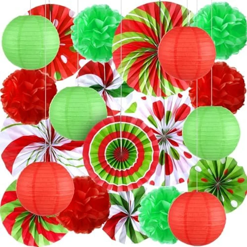 Outus 21 Pcs Christmas Hanging Paper Decorations Fans Pom Poms Lanterns, Sweet