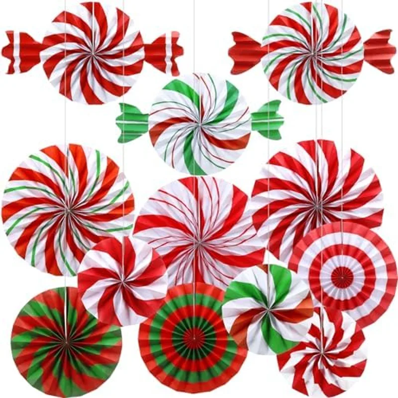 Outus 12 Pcs Christmas Paper Fans Set Candy Party Hanging Decorations Christmas Hanging Fans Xmas Peppermint Candy Ceiling Wall Decor for Xmas Holiday Candyland Birthday Party Classroom Home Supplies, Red and White