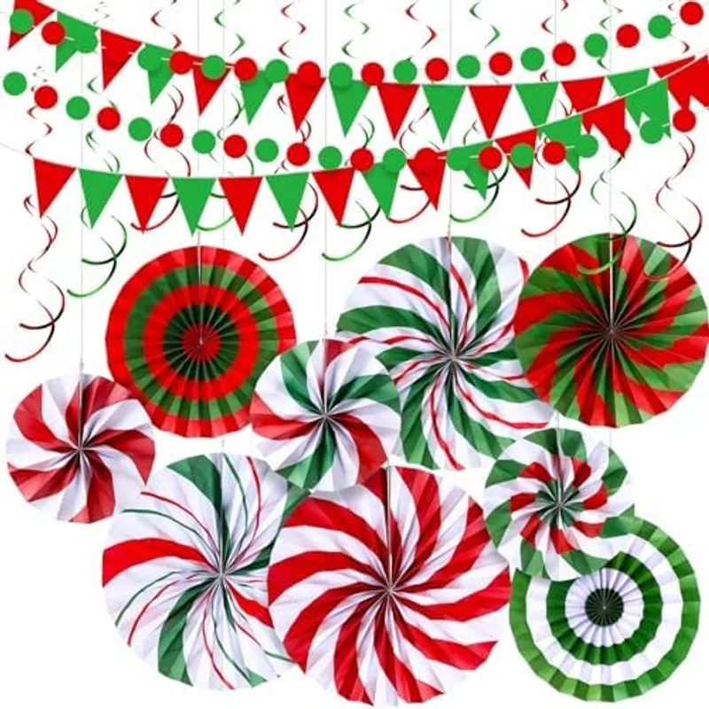Outus 25 Pcs Christmas Party Decorations Supplies Merry Christmas Party Banner Green Red White Xmas Paper Fans Flower Pom Poms Hanging Swirls Pennant Circle Dots Garland for Xmas Birthday Decor, Multicolor