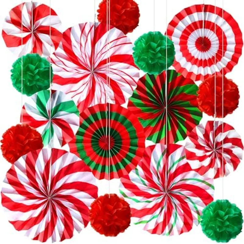 Outus 21 Pcs Christmas Peppermint Hanging Paper Fans Party Decor,Classic