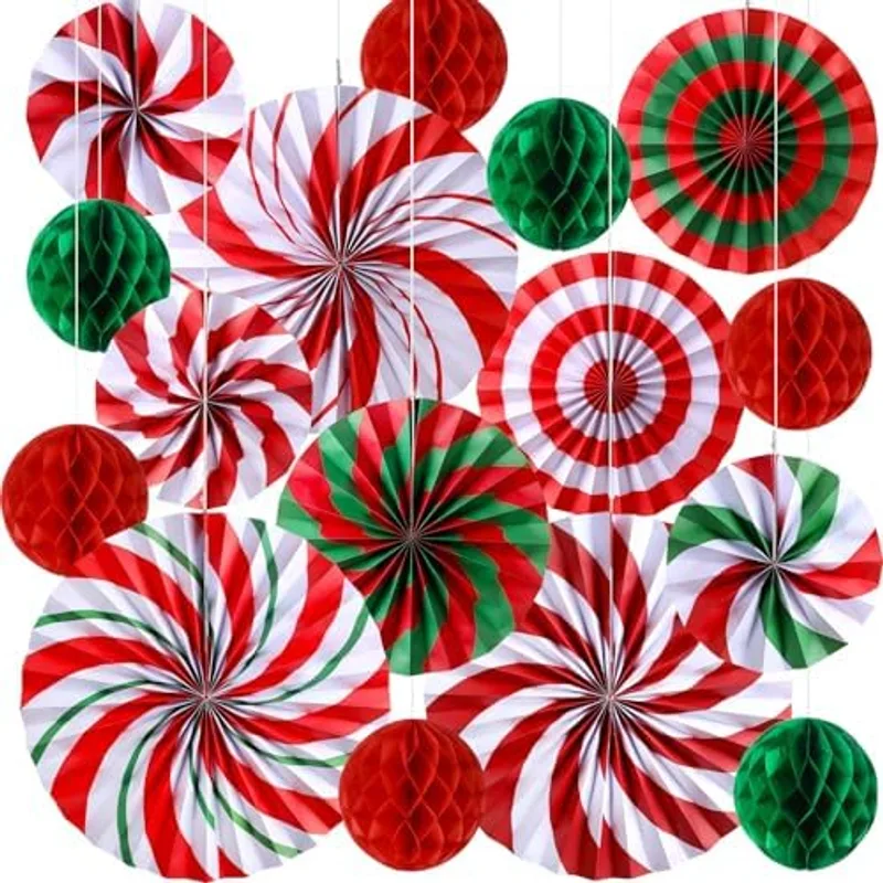 Outus 21 Pcs Christmas Peppermint Hanging Paper Fans Party Decor,Fashion
