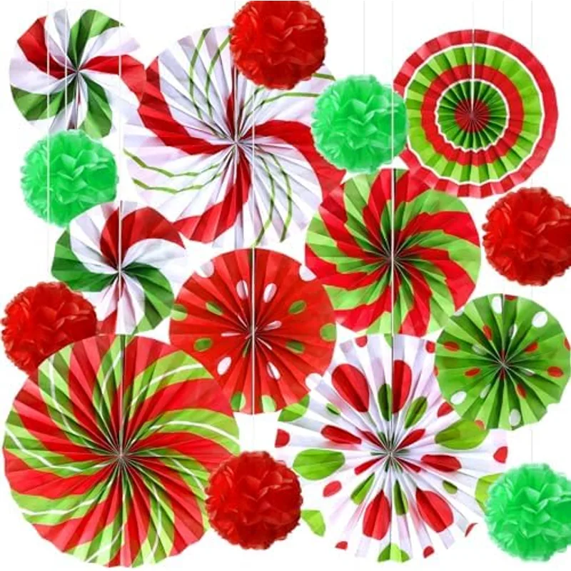 Outus 21 Pcs Christmas Peppermint Hanging Paper Fans Party Decor,Lovely