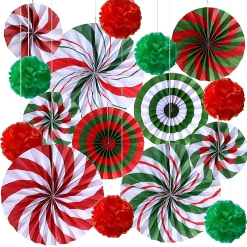 Outus 21 Pcs Christmas Peppermint Hanging Paper Fans Party Decor,Vibrant