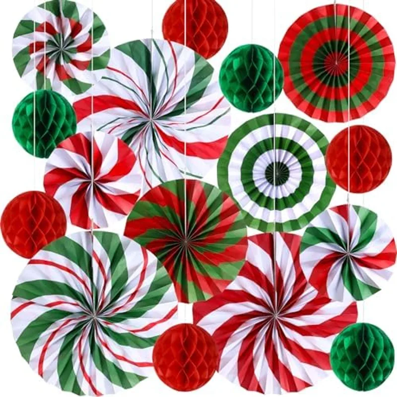 Outus 21 Pcs Christmas Peppermint Hanging Paper Fans Party Decor,Vintage