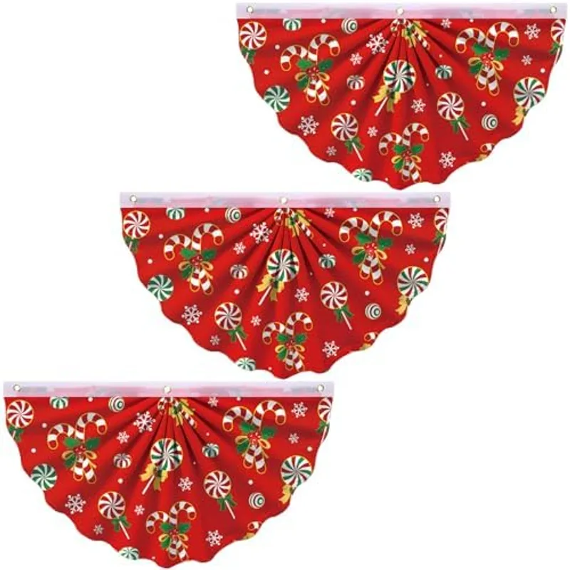 Outus 3 Pcs Christmas Pleated Bunting Fan Flag 1.5 x 3 ft Christmas Decoration xmas Snowflakes Half Fan Flag Hanging Banners for xmas Party Supplies Yard Garden Home Decoration