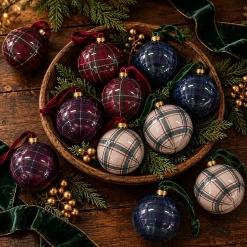 Outus 12 PC Christmas Tartan Plaid Ornaments Ball, Christmas Tree Decor, Bright
