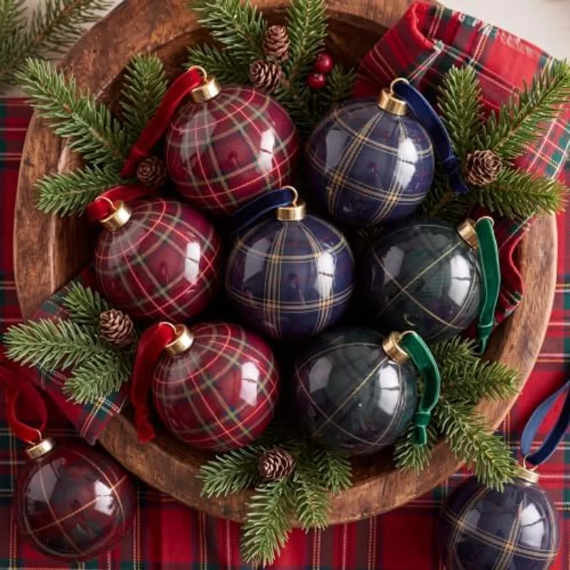 Outus 12 PC Christmas Tartan Plaid Ornaments Ball, Christmas Tree Decor, Rustic