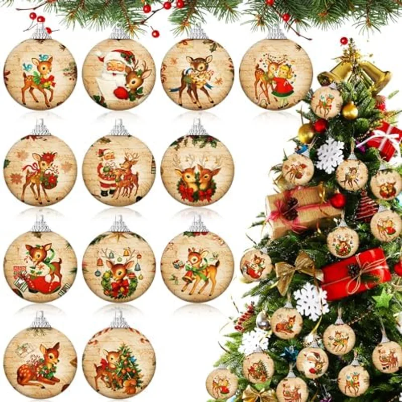 Outus 16 Pcs Christmas Tree Ball Ornaments Vintage Christmas Reindeer Decorations for Tree Colorful Xmas Decorative Hanging Ornaments for Farmhouse Home Fireplace Decoration Holiday Party Favors