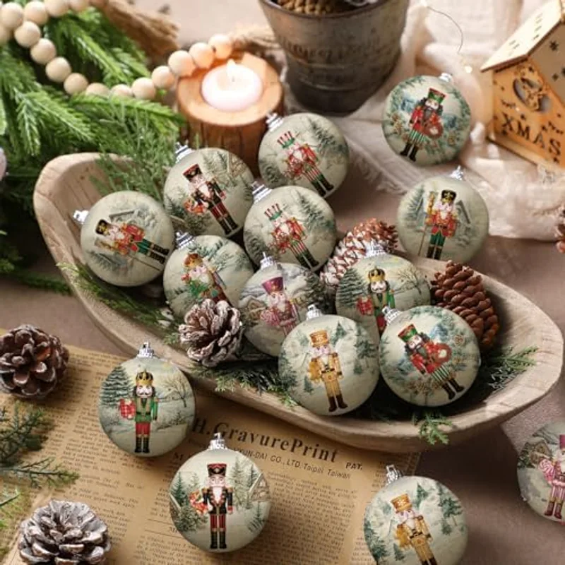 Outus 16 Pcs Christmas Tree Ball Ornaments Vintage Nutcracker Christmas Decorations for Tree Colorful Xmas Decorative Hanging Ornaments for Farmhouse Home Fireplace Decoration Holiday Party Favors