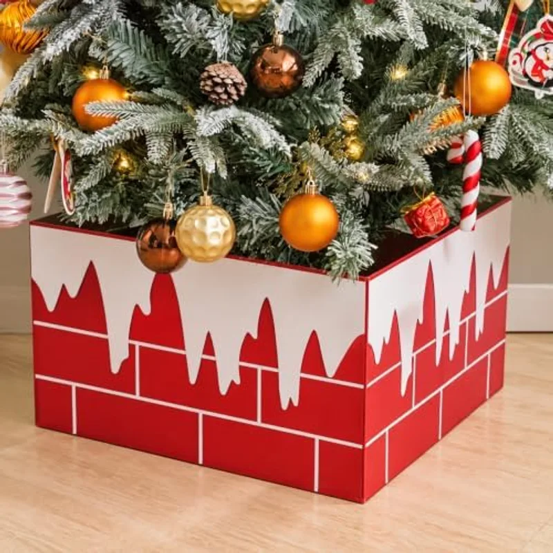 Outus Christmas Tree Collar Ring Square, Chimney Snowy Felt Base Cover, Red, White