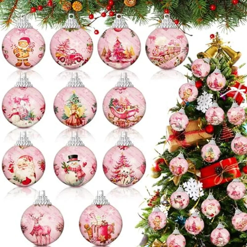 Outus 24 Pcs Christmas Tree Ornaments Ball Vintage Pink Christmas Decorations for Tree Vintage Style Santa Claus Snowman Hanging Ornaments Farmhouse Home Fireplace Decoration Holiday Party Favors