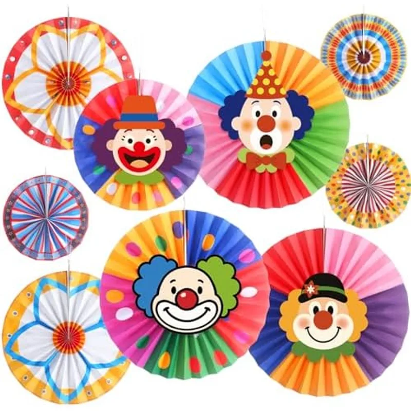 Outus 13 Pcs Circus Themed Paper Fans with Clown Face Cutouts
