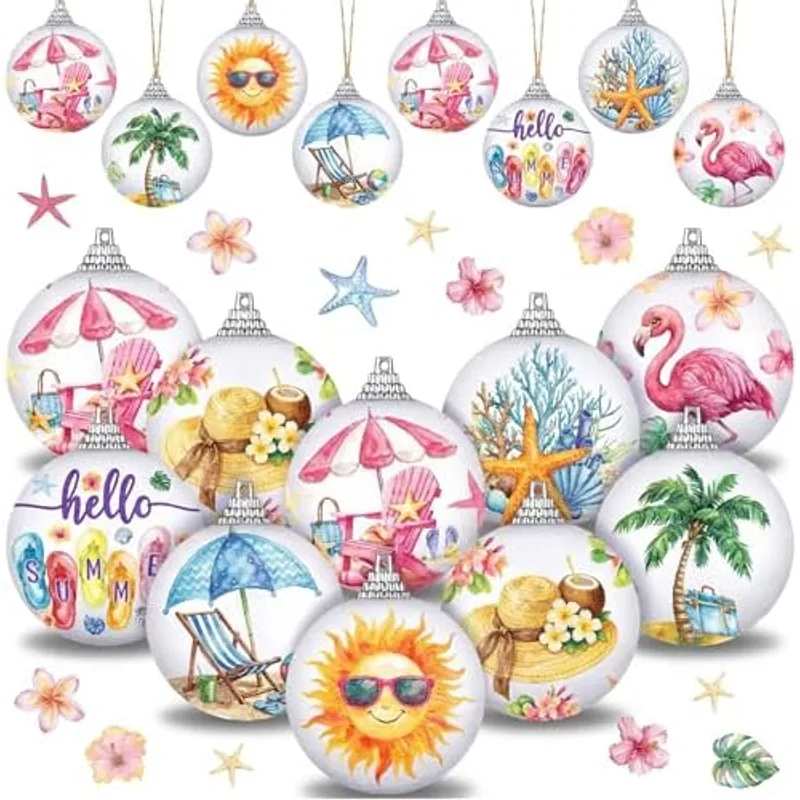 Outus 16 Pcs Coastal Christmas Ball Ornaments, Beach Flamingo Hanging Decor, Ocean Beach