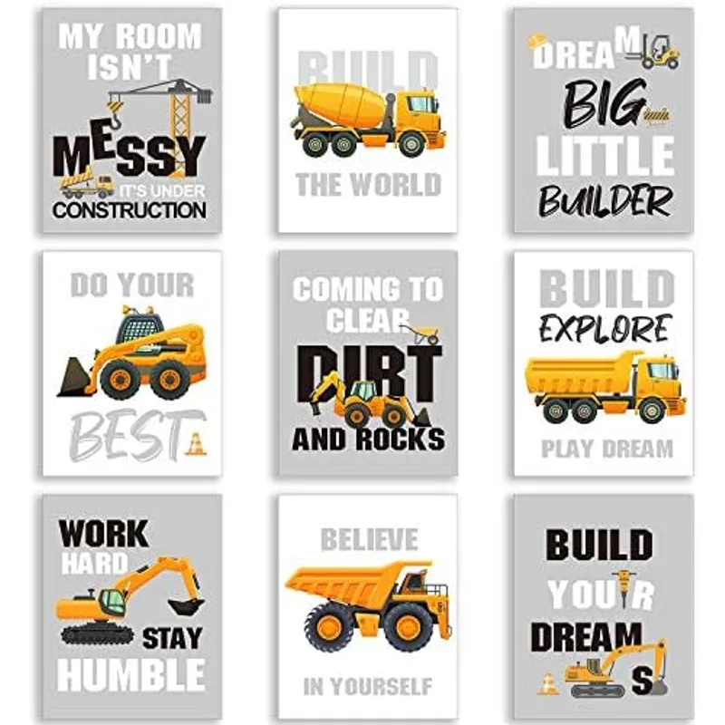 Outus 9 Pcs Construction Wall Art for Boys Room, Construction Truck Poster, Multicolor