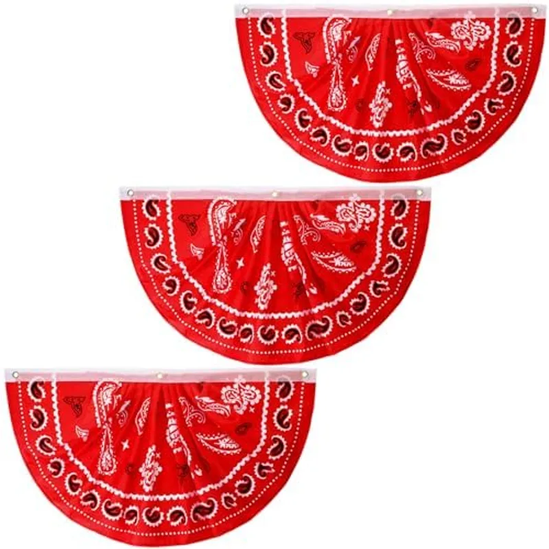 Outus 3 Pcs Cowboy Pleated Bunting Fan Flag 1.5 X 3 Ft Western Decoration Paisley Half Fan Flag Hanging Banners For Cowboy Cowgirl Party Western Supplies Yard Garden Home Decoration