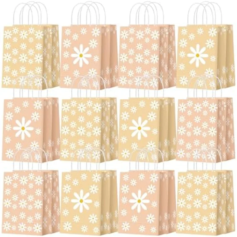 Outus 24 Pcs Daisy Party Favor Bags with Handles, Flower Goodie Paper Bags