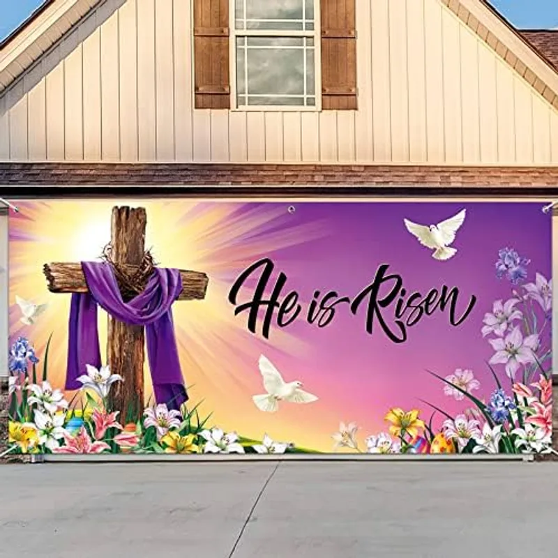 Outus Easter Nativity Garage Door Banner 13 x 6 ft Large Easter Garage Door Decoration Religious Backdrop for Wall Outdoor Eve Decoration, Religious Cross Style