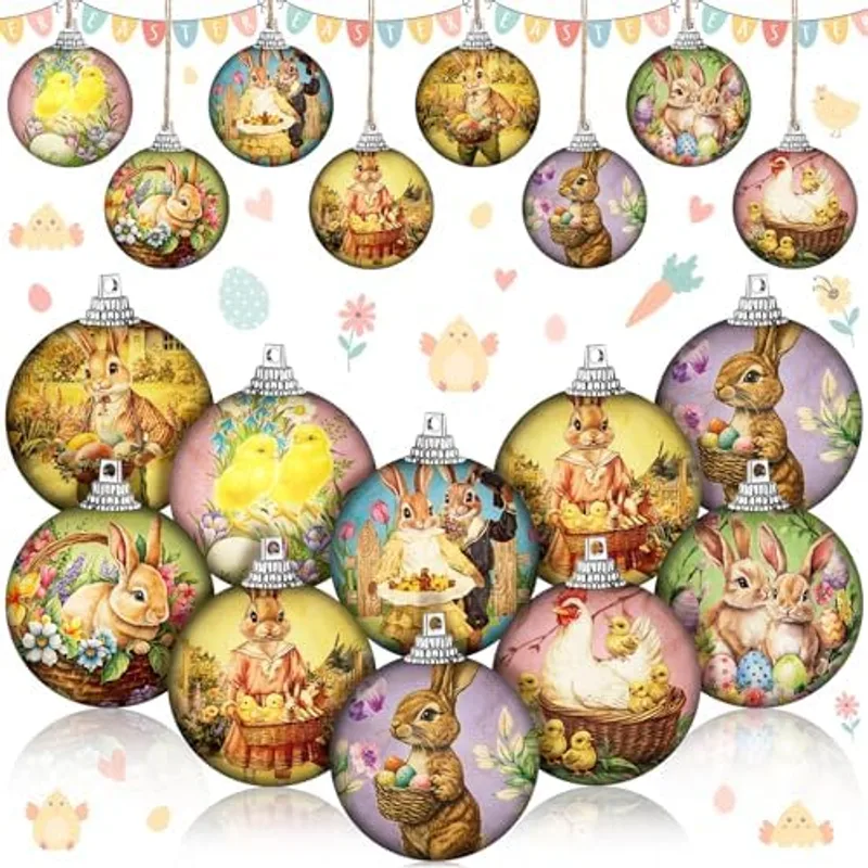 Outus 16 Pcs Easter Tree Ornaments Ball Easter Egg Hanging Ornaments Vintage Floral Egg Bunny Decorations Rustic Mini Retro Speckled Eggs Rabbit Hanging Ornament Spring Decor(1.6 Inch, Vintage), Vintage Easter