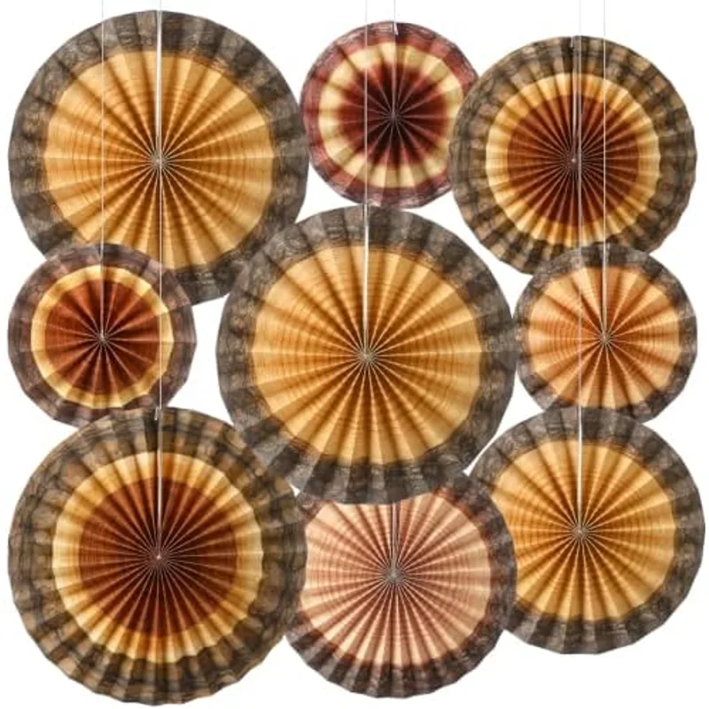 Outus 9 Pcs Enchanted Forest Wood Grain Decorations Tree Ring Paper Fans