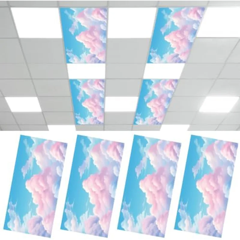 Outus 4 Pcs Fluorescent Light Cover Classroom Lighting Cover, 2 x 4 ft, Pink Cloud