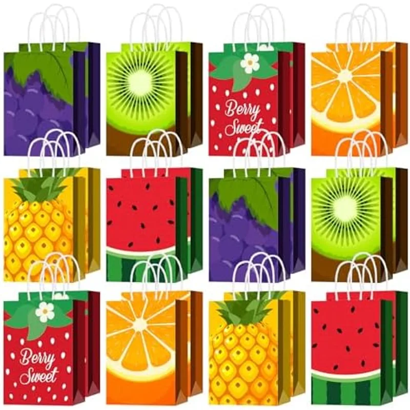 Outus 24 Pcs Fruit Party Favors Bags Fruit Goodie Gift Paper Bag Handles, Summer Fruit