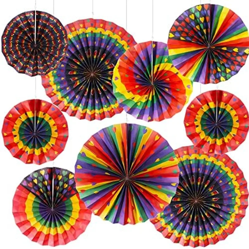 Outus Gay Pride Hanging Paper Fans Decorations Rainbow Love Heart Paper Fans Ceiling Wall Garlands for Gay Pride Rainbow Party LGBT Celebration Decorations