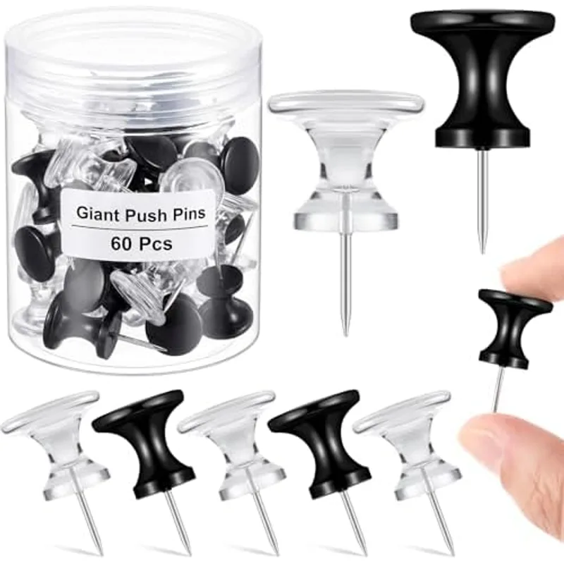 Outus 60 Pcs Giant Push Pins Large Thumb Tacks, Clear, Black