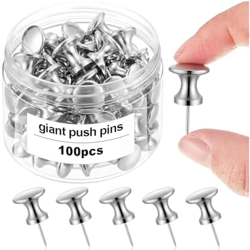 Outus 100 Pcs Giant Push Pins Large Thumb Tacks Plastic Heads, Silver Coating