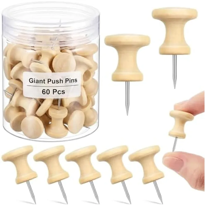 Outus 60 Pcs Giant Push Pins Large Thumb Tacks, Wood Color