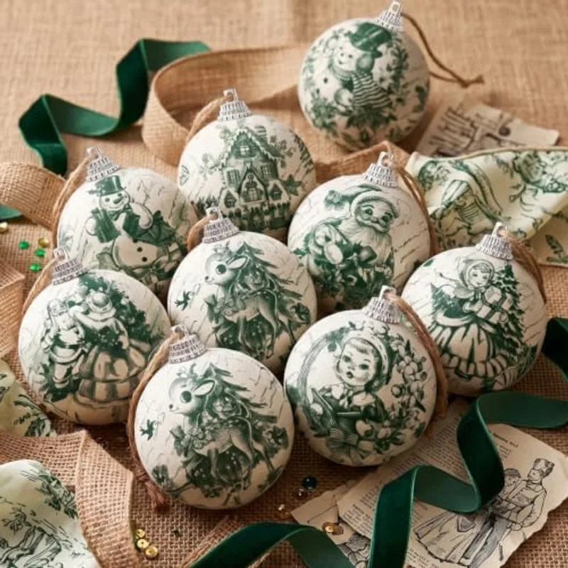 Outus 16pcs Green Vintage Toile De Jouy Christmas Ball Tree Ornaments, Green Christmas
