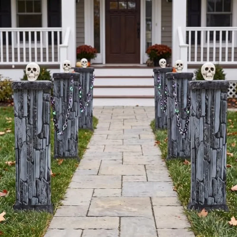 Outus 22 Pcs Halloween Fence Decor Kit Skull Topper Cemetery Outdoor Decor, Skull Fence