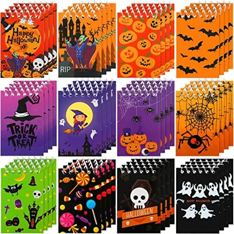 Outus 48 Pack Halloween Mini Notebooks, 12 Styles Pumpkin Ghost Bat Memo, Black
