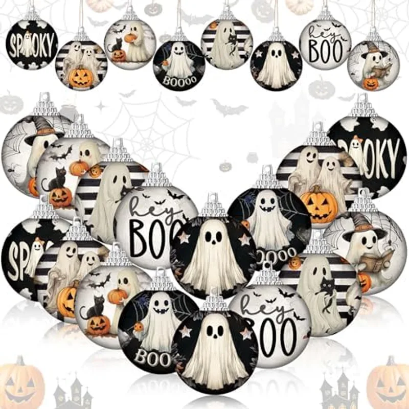 Outus 16 Pcs Halloween Ornaments for Tree Boo Ghost Halloween Ball Hanging Decorations Ghost Vintage Decorative Mini Ball Ornaments Set for Farmhouse Home Indoor Fireplace Holiday Party Favors