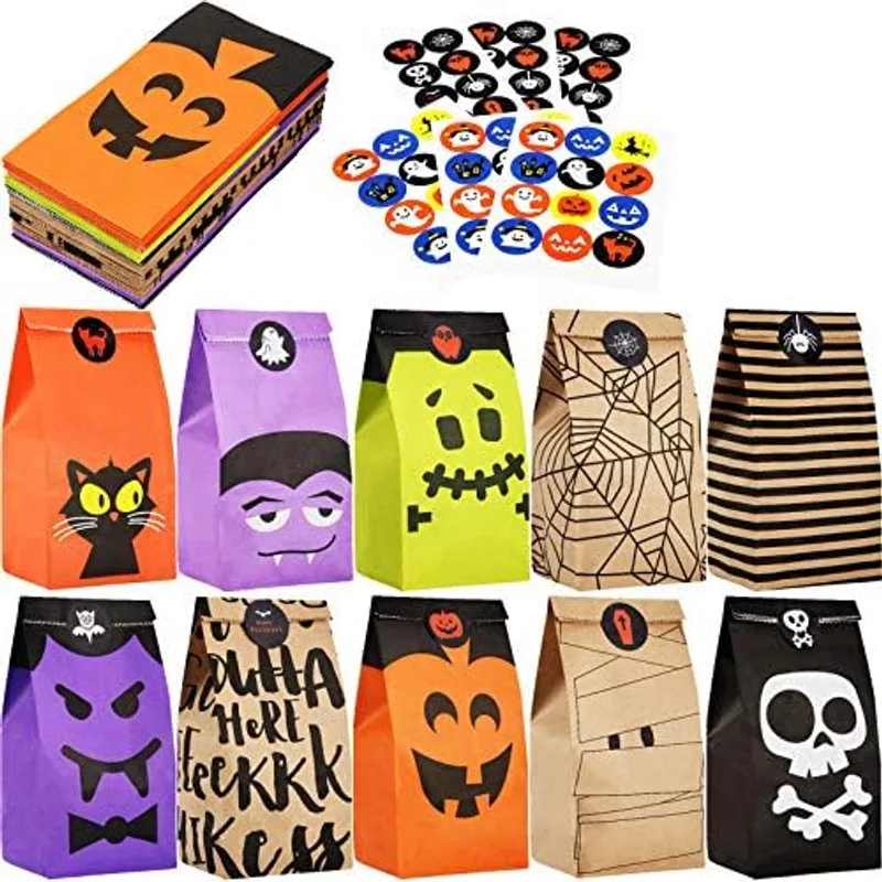 Outus 60 Pcs Halloween Treat Bags with 66 Stickers, Paper Goodie Gift Bags, Black, Orange, Purple, White