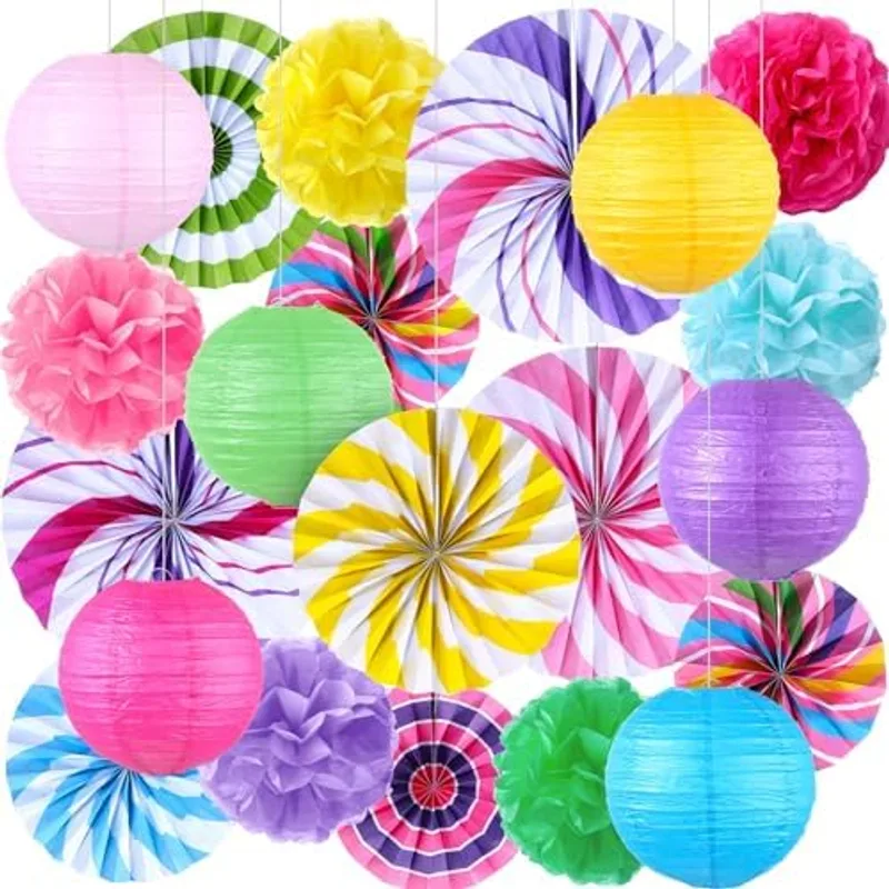 Outus Hanging Decorations Candy Party Paper Fans Lollipop Tissue Pom Poms Colorful Candy Themed Paper Lanterns for Candyland Party Supplies Classroom Ceiling Wall Decor, Fresh