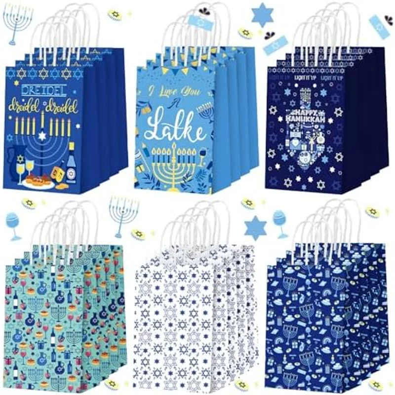 Outus Hanukkah Favor Bags Blue Star of David Gift Bag with Handles, Candle
