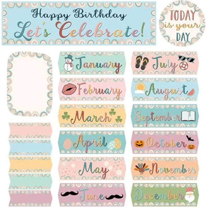 Outus 60 Pcs Happy Birthday Bulletin Board Decorations Set, Boho