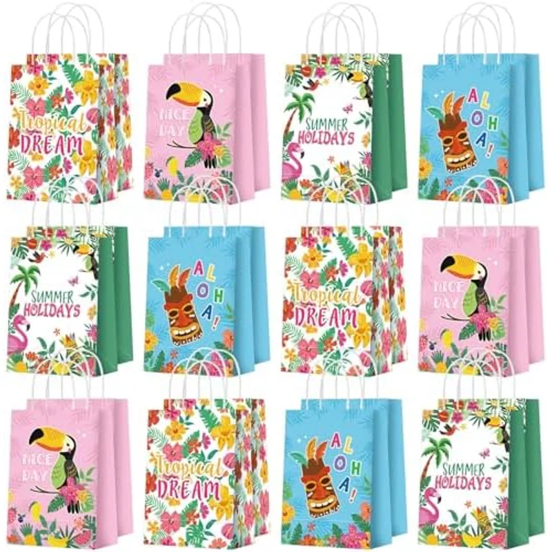Outus 24 Pcs Hawaiian Party Favor Bags with Handles, Luau Tiki Toucan Gift