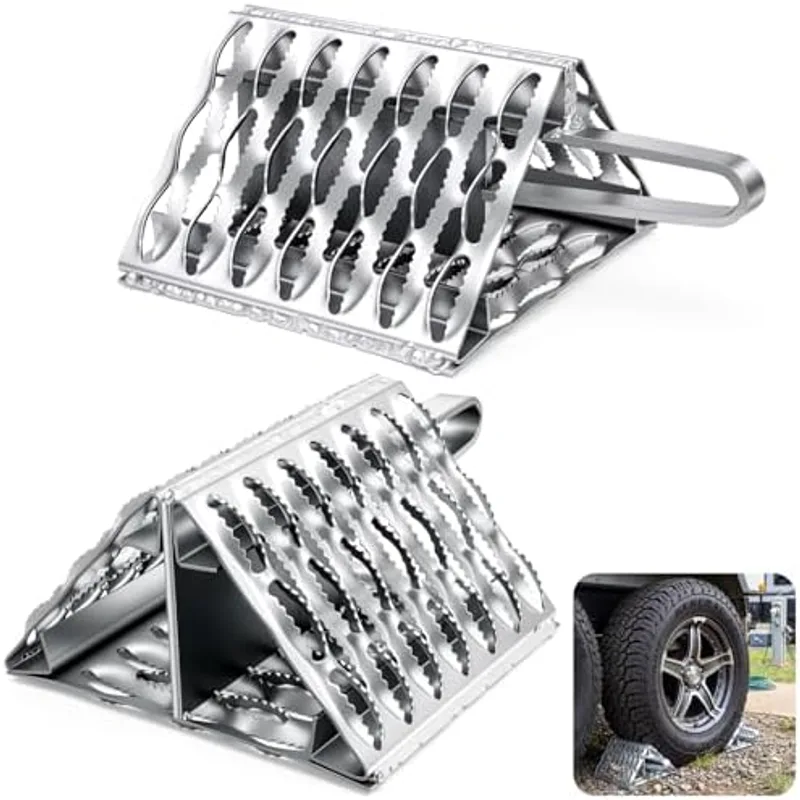 Outus 2 Pack Heavy Duty Steel Wheel Chocks for Rvs & Trailers, 9.5 x 9 x 5.7 Inch Serrated Anti-Slip Design with Built-in Handle, Secure Parking for Campers, Trucks, Driveways & Uneven Ground(Silver)