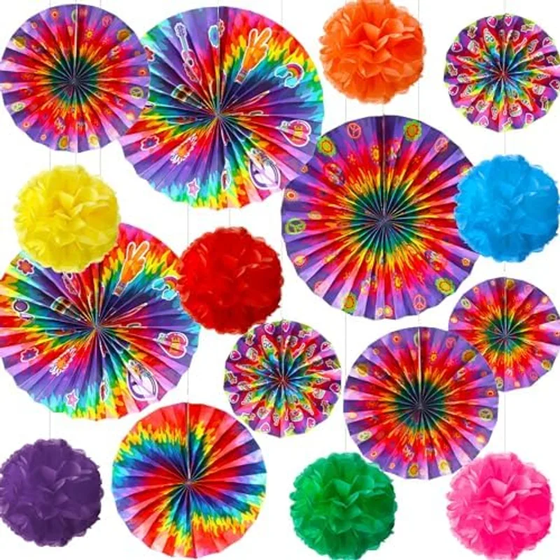 Outus 21 Pcs Hippie Party Decorations: Paper Fans & Tissue Pom Poms - Colorful, 8/12/16 Inch Sizes - Perfect for Birthday, Wedding, Graduation & More