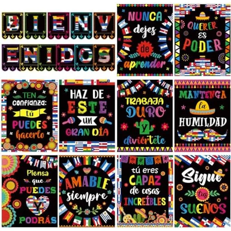 Outus 21 Pcs Hispanic Heritage Month Posters Spanish Bienvenidos Classroom, Multicolored
